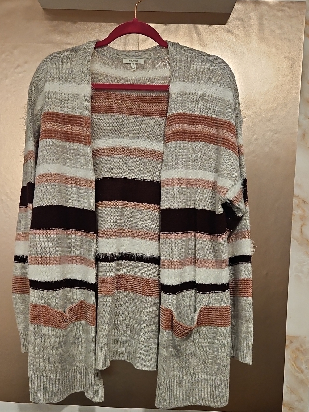Maurices Striped Open-Front Cardigan in Gray And Pink Tones